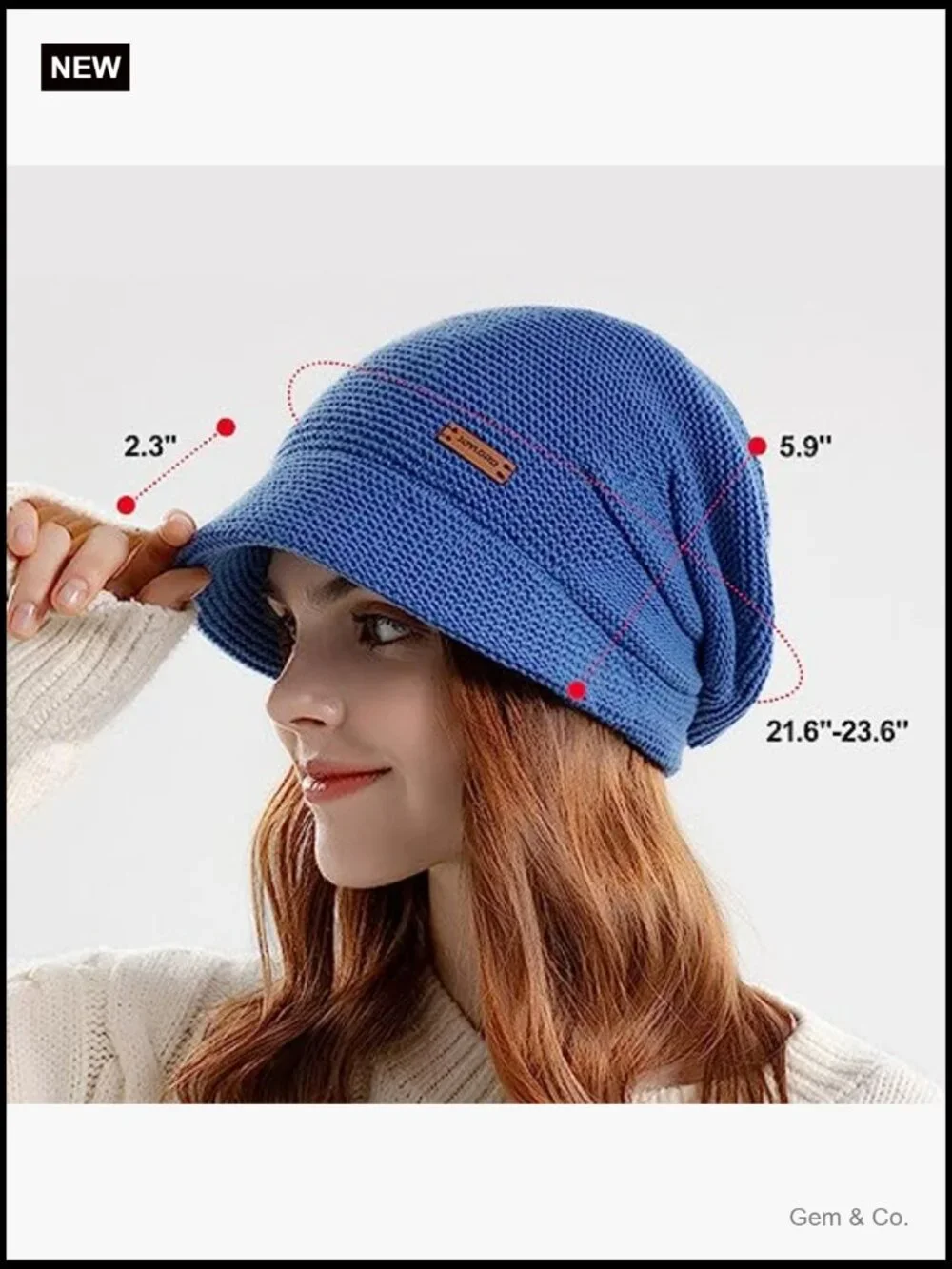 Fleece Lined Knitted Hat with Visor Brim, Slouchy Cable Knit Beanie Winter Hat